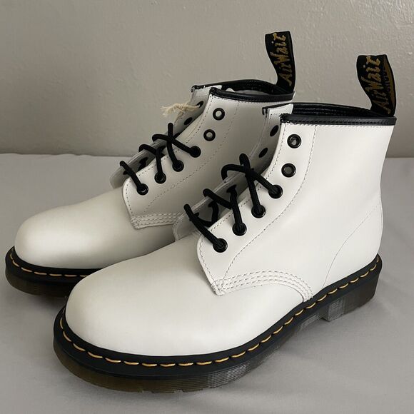 Dr. Martens 101 Yellow Stitch White Smooth Leather Ankle Boots Women’s 8 Men’s 7 - Picture 1 of 12